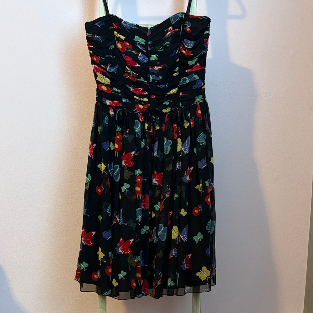 Anna Sui for Anthropologie Strapless Dress with Floral and Butterfly Pattern